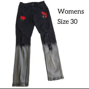 BLACK OMBRE WOMENA JEANS WITH RED ROSES SIZE 30 DISTRESSED